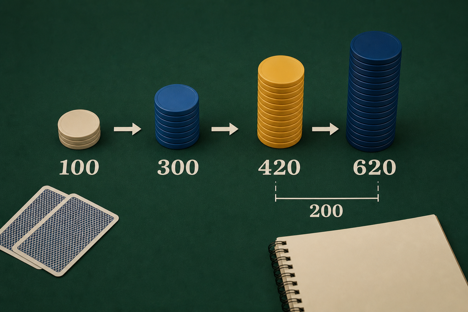 德州扑克最小加注教学图,筹码示意从100、300、420递进至620并标出200的完整加注差额