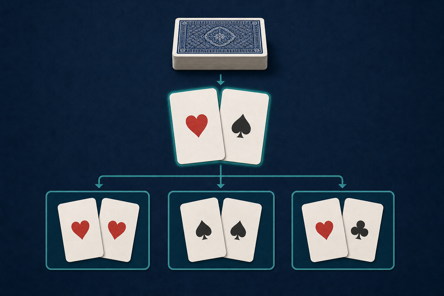 从一副牌中选出两张并按三类起手牌组合分组的原创教学示意图